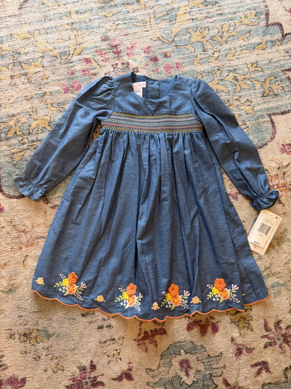 Bonnie Jean Girls 5 Chambray Smocked Floral Embroidered Scalloped Dress NWT